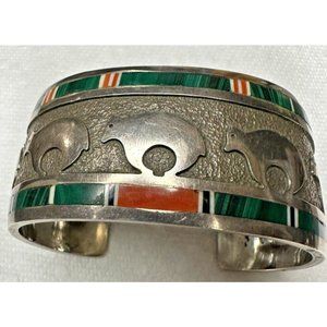 Navajo Roland Begay RB Sterling .925 Storyteller Bear Stone Inlay Cuff Bracelet